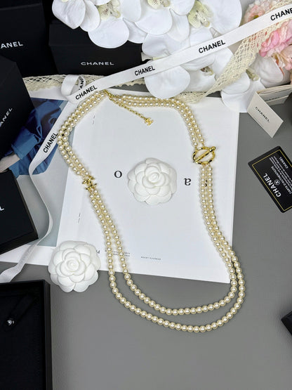 [Triumph Jewelry]25K Pencil Double C Double-Layer Pearl Sweater Chain