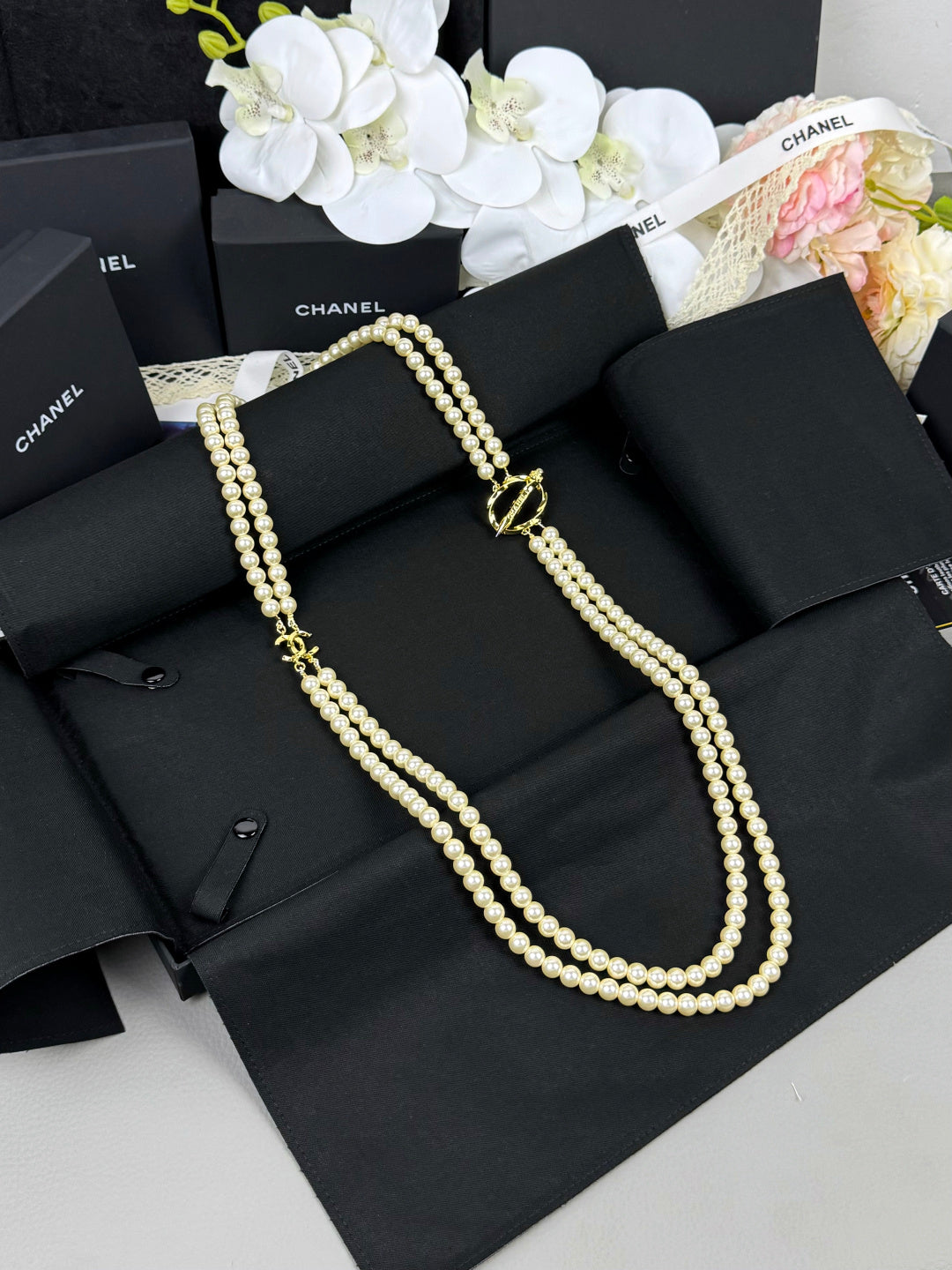 [Triumph Jewelry]25K Pencil Double C Double-Layer Pearl Sweater Chain