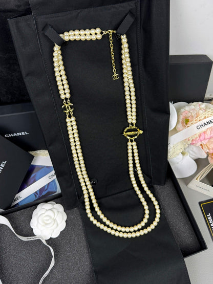 [Triumph Jewelry]25K Pencil Double C Double-Layer Pearl Sweater Chain