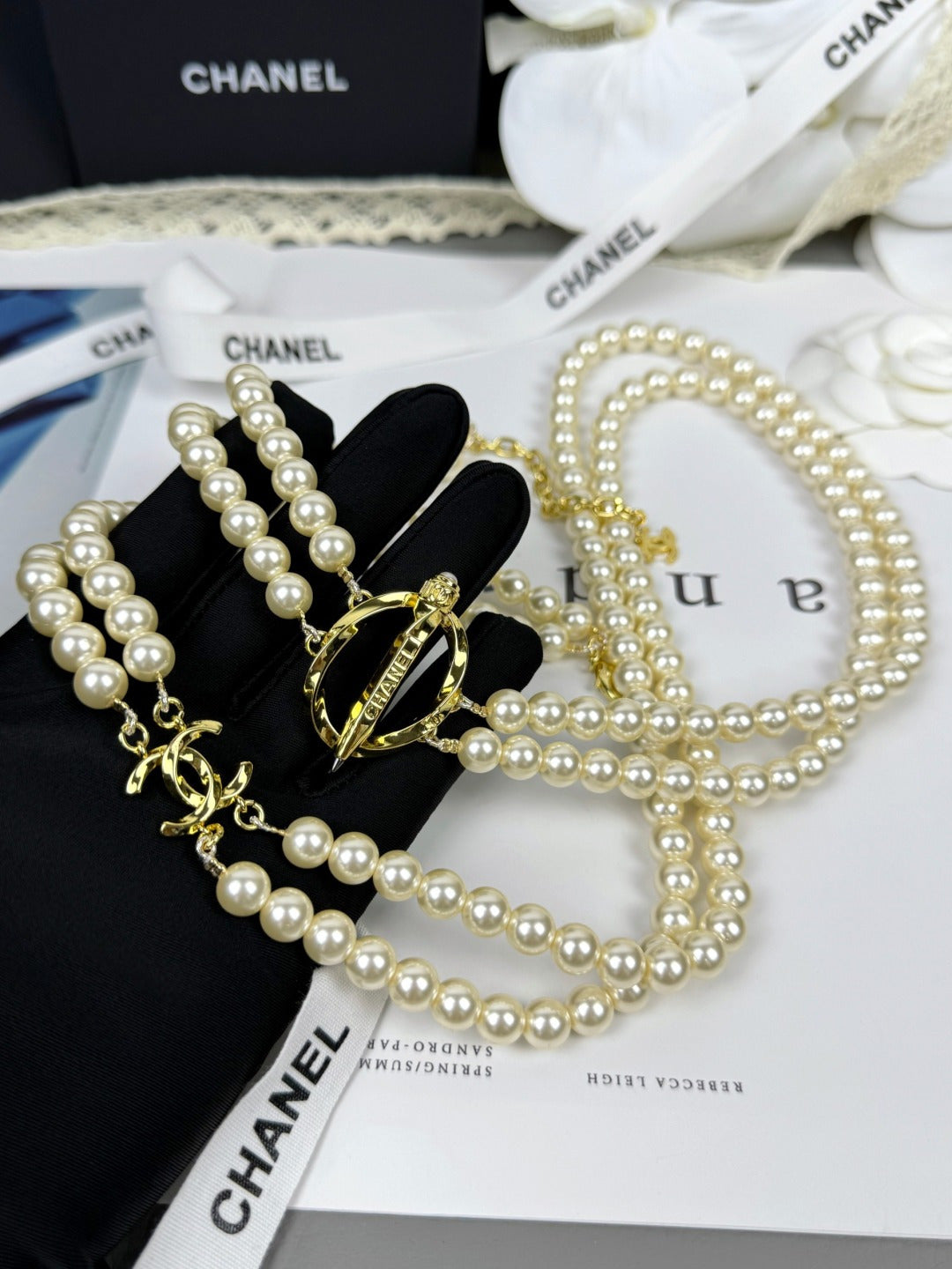[Triumph Jewelry]25K Pencil Double C Double-Layer Pearl Sweater Chain