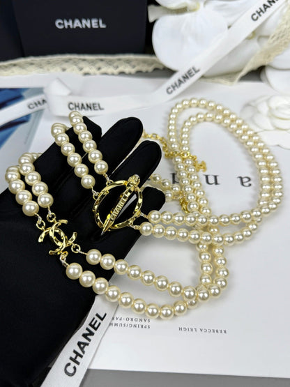 [Triumph Jewelry]25K Pencil Double C Double-Layer Pearl Sweater Chain