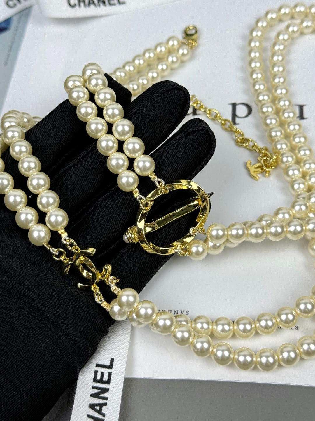 [Triumph Jewelry]25K Pencil Double C Double-Layer Pearl Sweater Chain