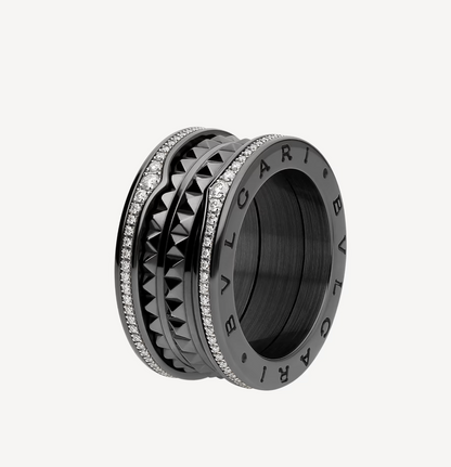 [Triumph Jewelry]ZERO 1 ROCK FOUR-BAND BLACK CERAMIC WITH STUDDED SPIRAL AND PAVED DIAMONDS RING