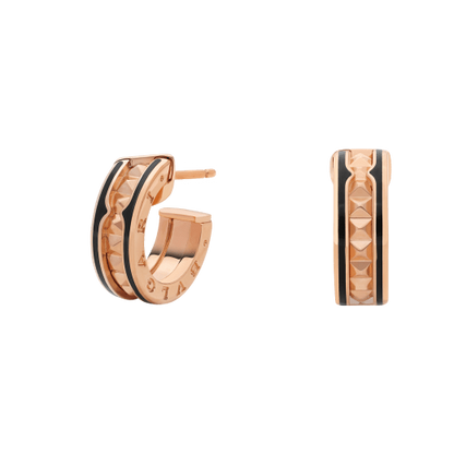 [Triumph Jewelry]ZERO 1 ROCK PINK GOLD EARRINGS WITH STUDDED SPIRAL AND BLACK CERAMIC