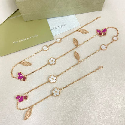 [Triumph Jewelry]ROSE QUARTZ MIXED FLOWER BUTTERFLY SWEATER CHAIN