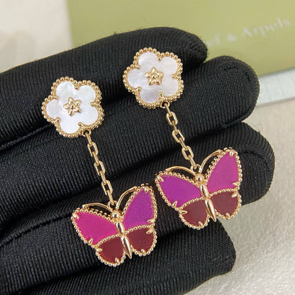 [Triumph Jewelry]ROSE QUARTZ TWO‑FLOWER BUTTERFLY DROP EARRINGS