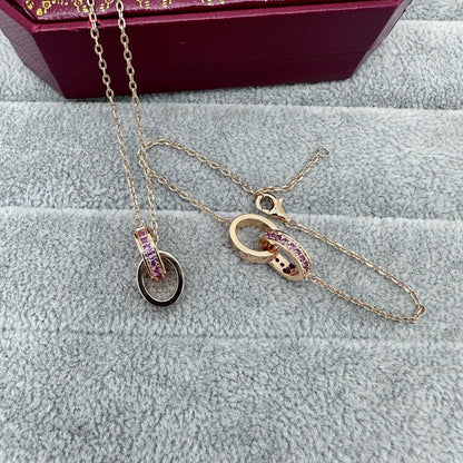 [Triumph Jewelry]LOVE DOUBLE PINK STONES RING NECKLACE