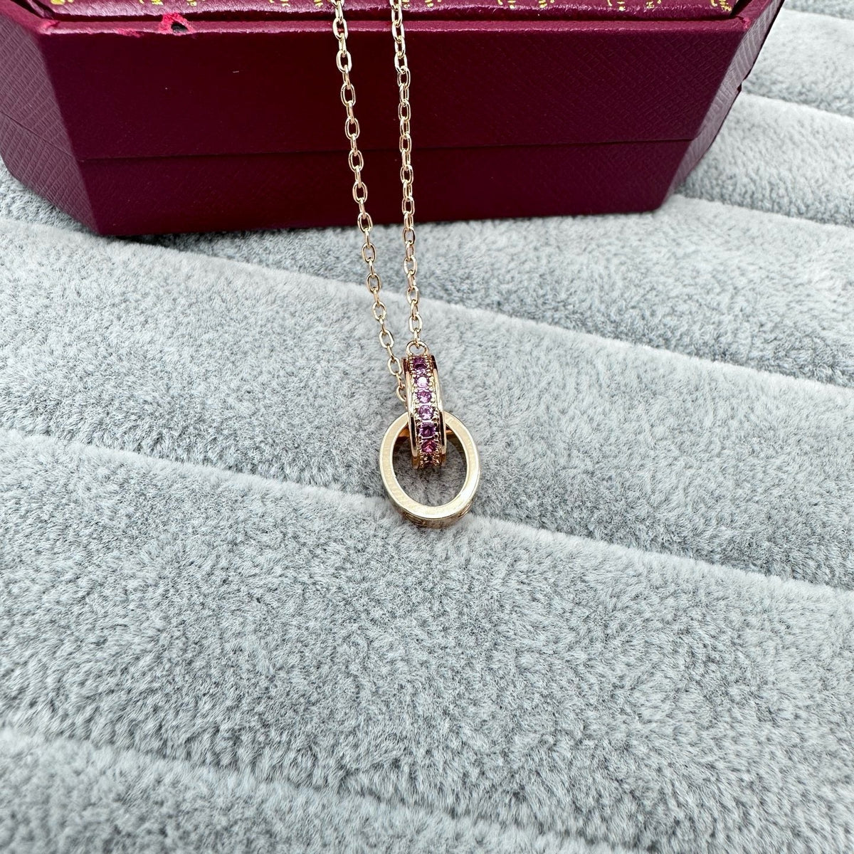 [Triumph Jewelry]LOVE DOUBLE PINK STONES RING NECKLACE