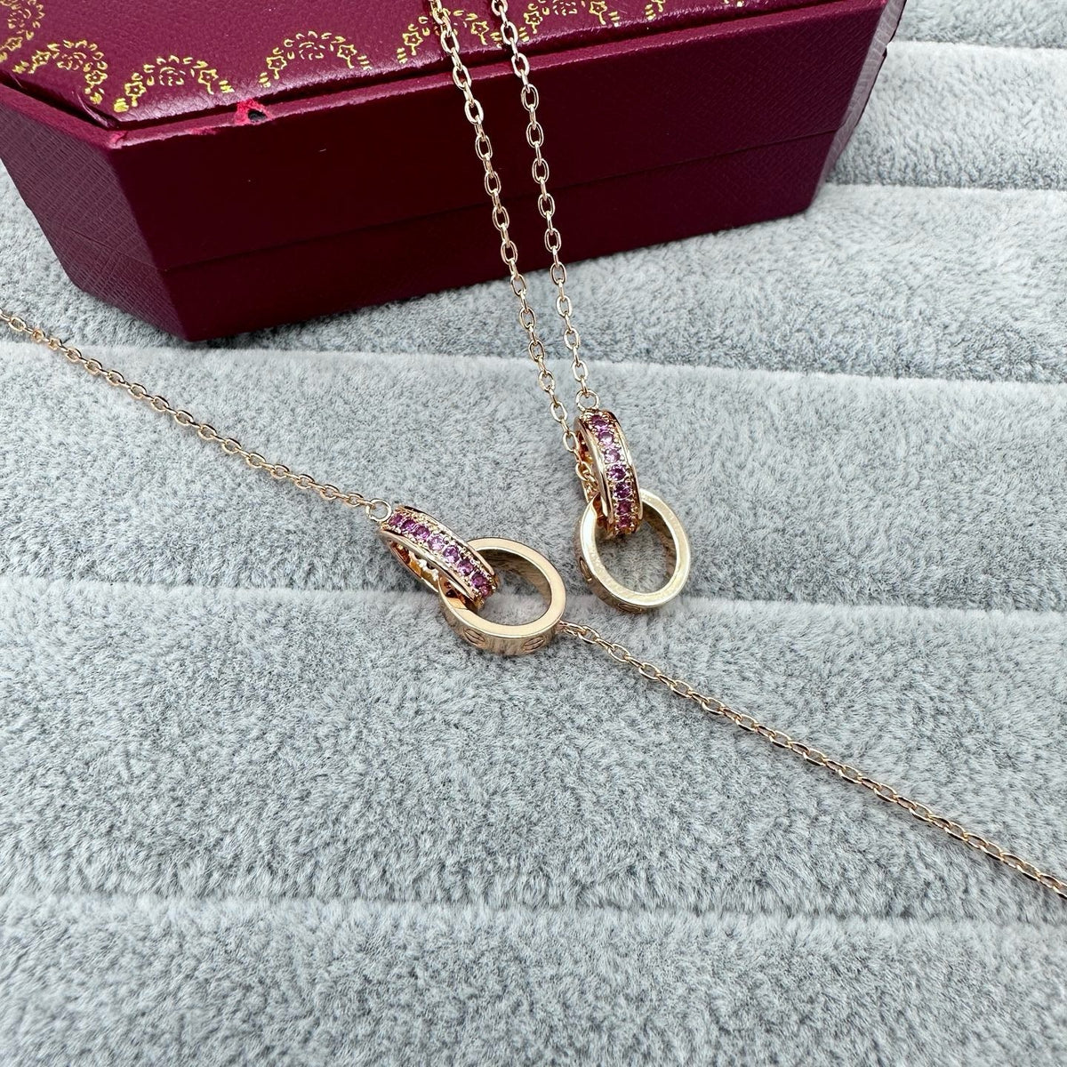 [Triumph Jewelry]LOVE DOUBLE PINK STONES RING NECKLACE