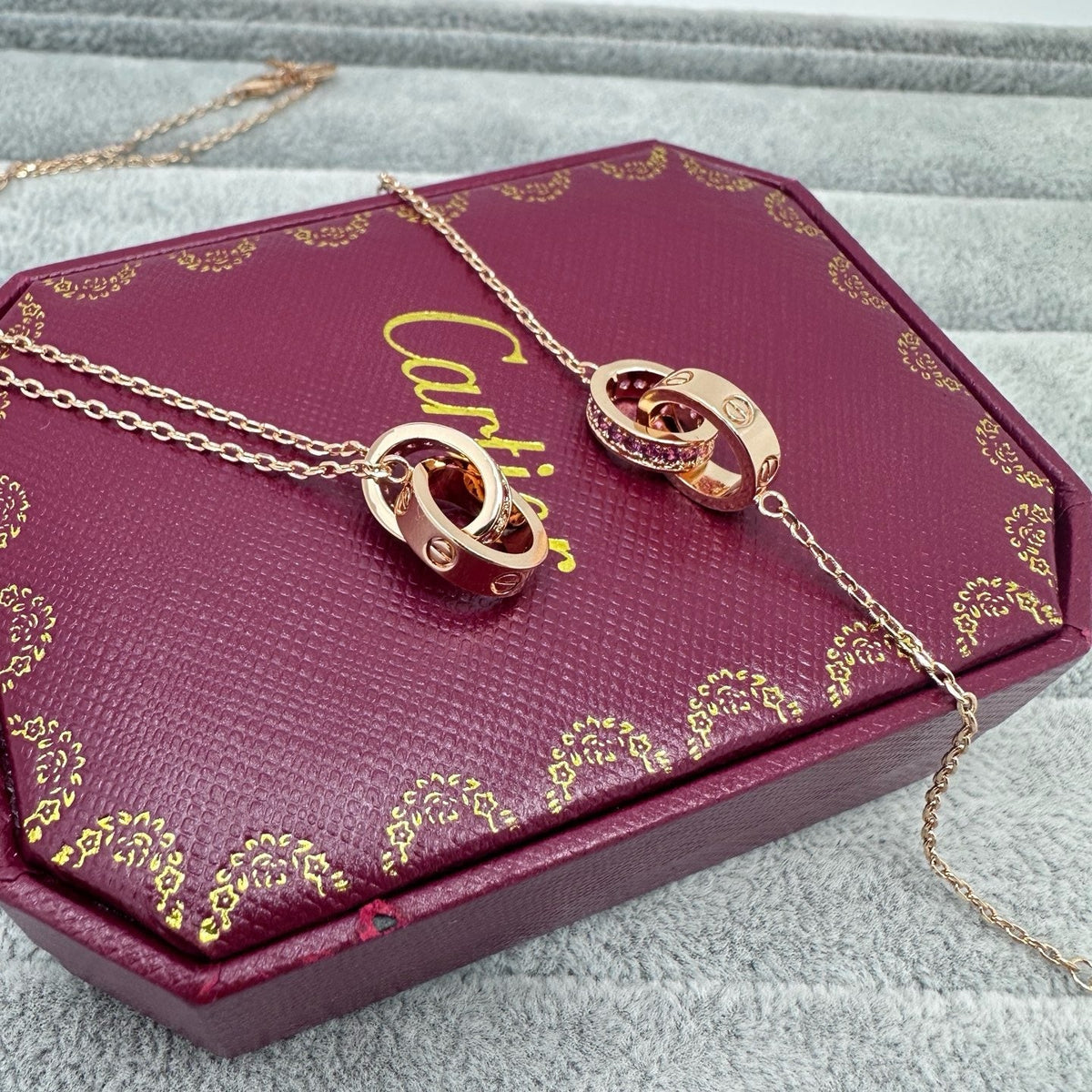[Triumph Jewelry]LOVE DOUBLE PINK STONES RING NECKLACE