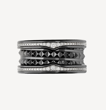 [Triumph Jewelry]ZERO 1 ROCK FOUR-BAND BLACK CERAMIC WITH STUDDED SPIRAL AND PAVED DIAMONDS RING