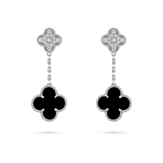 [Triumph Jewelry]CLOVER 2 MOTIFS  DIAMOND ONYX EARRINGS SILVER