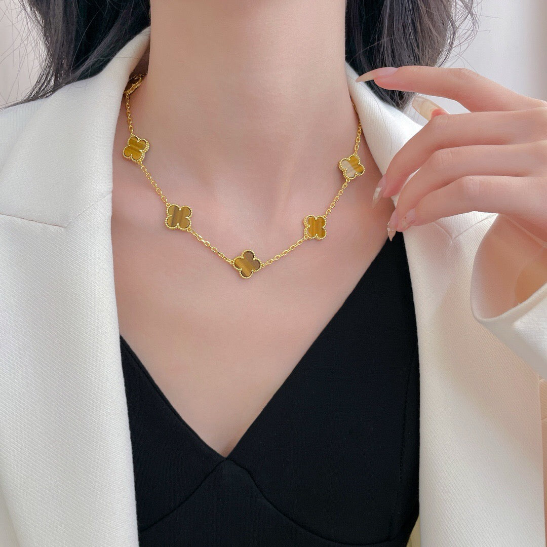 [Triumph Jewelry]CLOVER 10 MOTIFS TIGER EYE NECKLACE