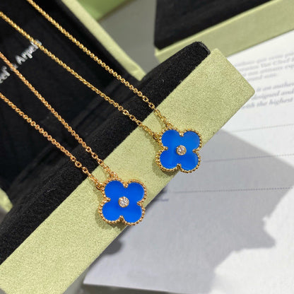 [Triumph Jewelry]CLOVER 15MM DIAMOND AND BLUE AGATE NECKLACE