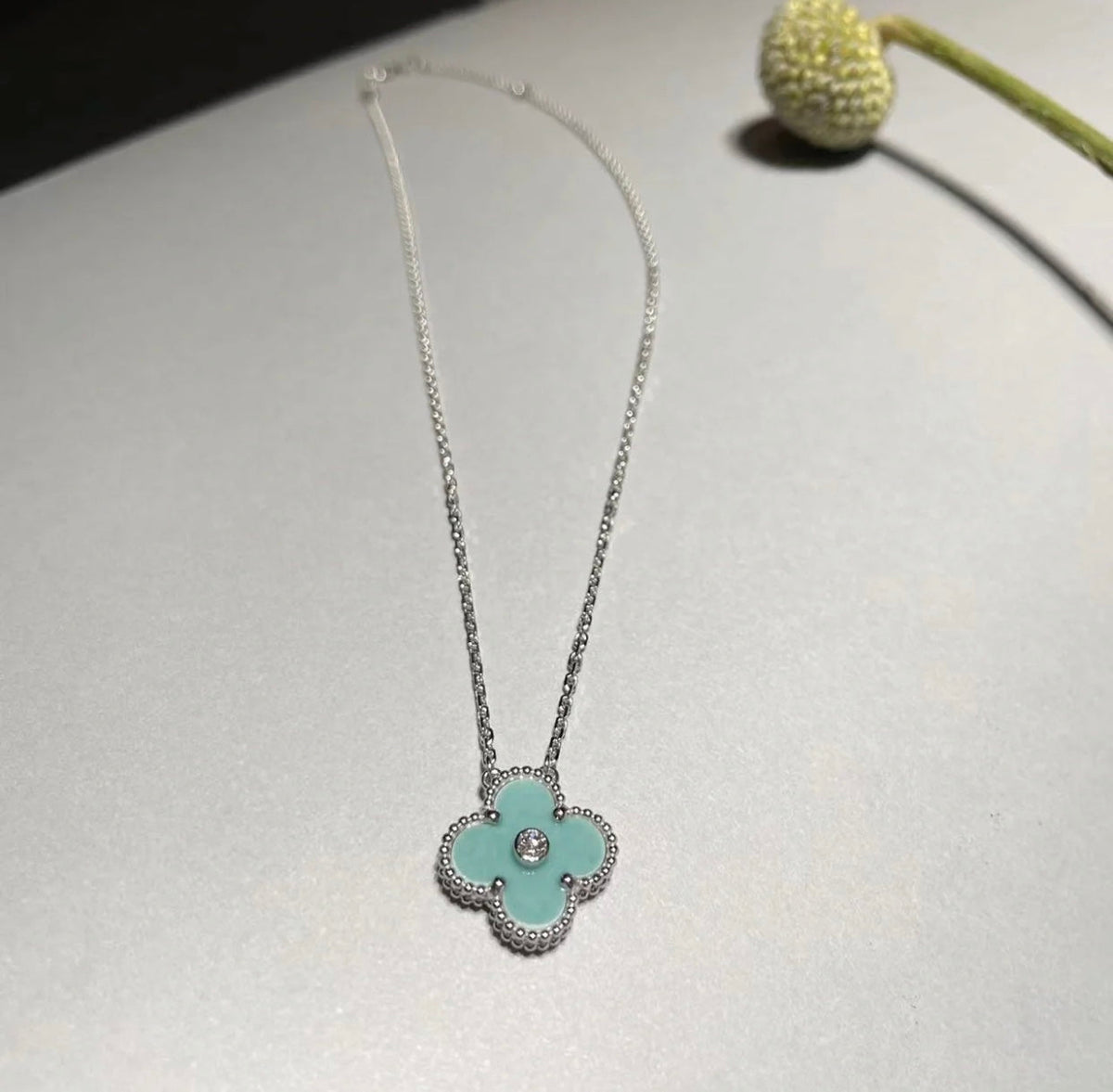 [Triumph Jewelry]CLOVER 1 DIAMOND LIGHT BLUE SILVER NECKLACE