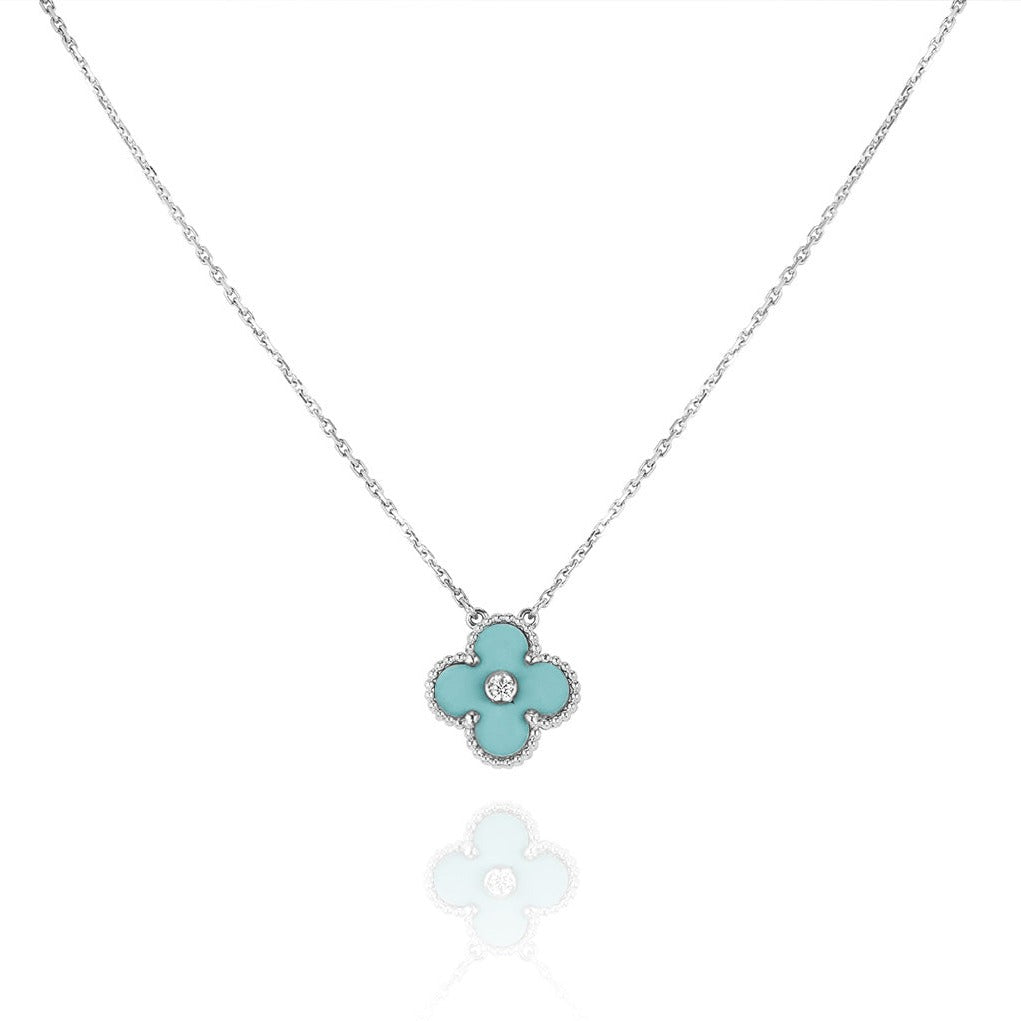 [Triumph Jewelry]CLOVER 1 DIAMOND LIGHT BLUE SILVER NECKLACE