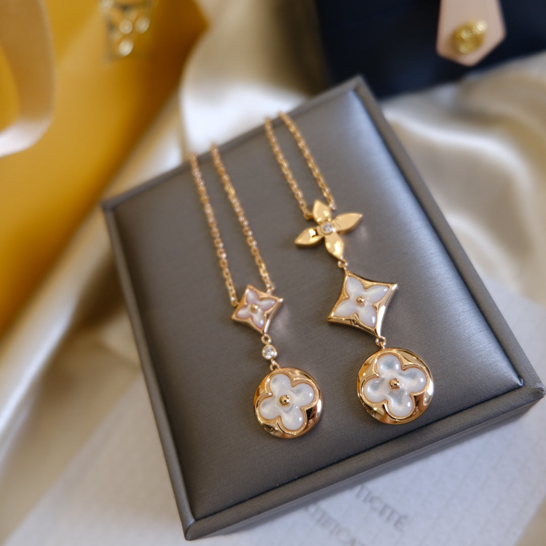 [Triumph Jewelry]COLOR BLOSSOM LARIAT NECKLACE PINK GOLD WHITE MOTHER PEARL AND DIAMOND