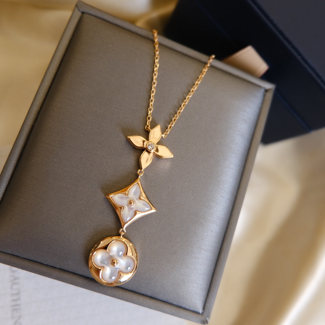 [Triumph Jewelry]COLOR BLOSSOM LARIAT NECKLACE PINK GOLD WHITE MOTHER PEARL AND DIAMOND