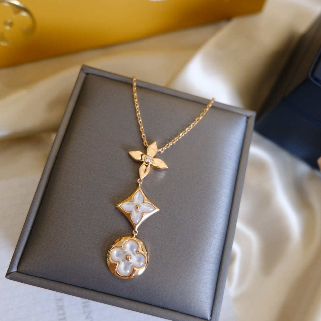 [Triumph Jewelry]COLOR BLOSSOM LARIAT NECKLACE PINK GOLD WHITE MOTHER PEARL AND DIAMOND