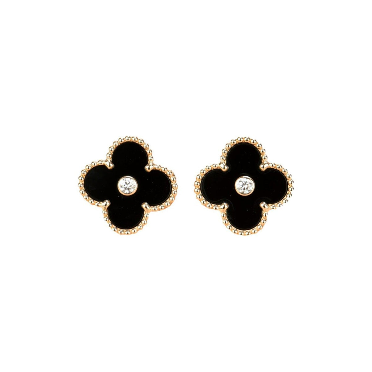 [Triumph Jewelry]CLOVER MEDIUM 1 MOTIFS ONYX DIAMOND EARRINGS
