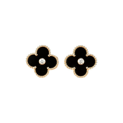 [Triumph Jewelry]CLOVER MEDIUM 1 MOTIFS ONYX DIAMOND EARRINGS