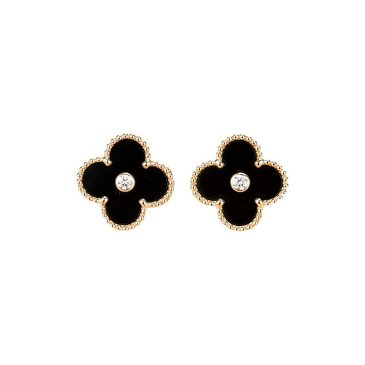 [Triumph Jewelry]CLOVER MEDIUM 1 MOTIFS ONYX DIAMOND EARRINGS
