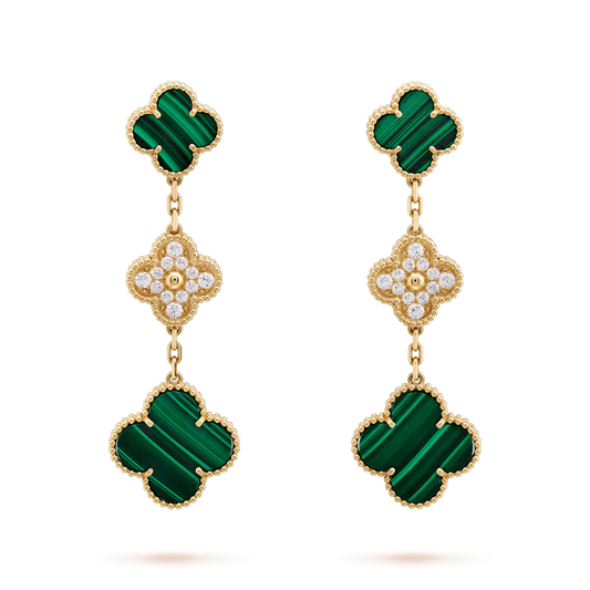 [Triumph Jewelry]CLOVER EARRINGS GOLD MALACHITE DIAMOND 3 MOTIF