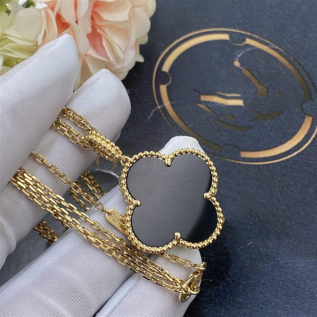 [Triumph Jewelry]CLOVER 25MM GOLD ONYX BIG CLOVER NECKLACE