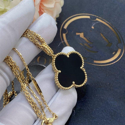 [Triumph Jewelry]CLOVER 25MM GOLD ONYX BIG CLOVER NECKLACE