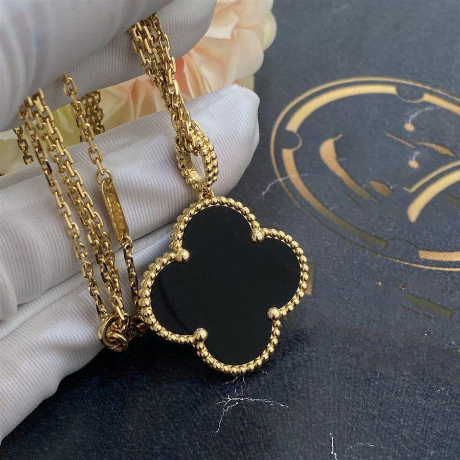 [Triumph Jewelry]CLOVER 25MM GOLD ONYX BIG CLOVER NECKLACE