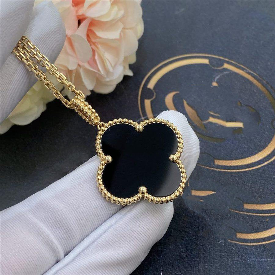 [Triumph Jewelry]CLOVER 25MM GOLD ONYX BIG CLOVER NECKLACE