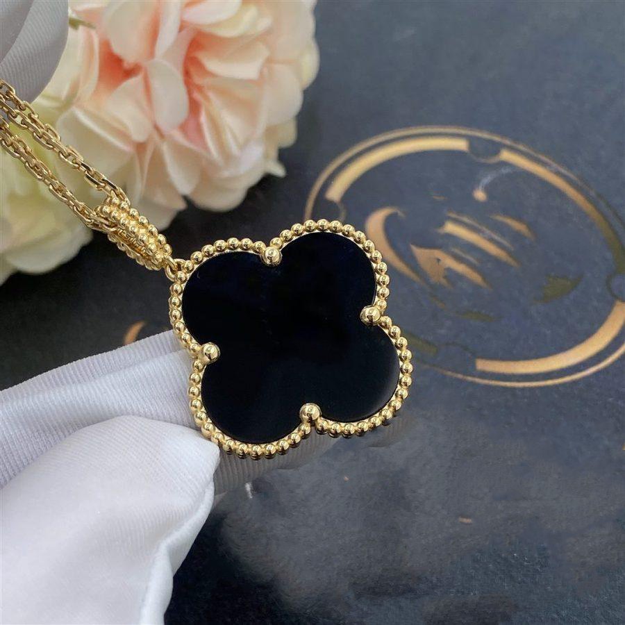 [Triumph Jewelry]CLOVER 25MM GOLD ONYX BIG CLOVER NECKLACE