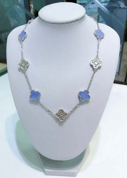 [Triumph Jewelry]CLOVER 10 MOTIFS CHALCEDONY DIAMONDS SILVER NECKLACE