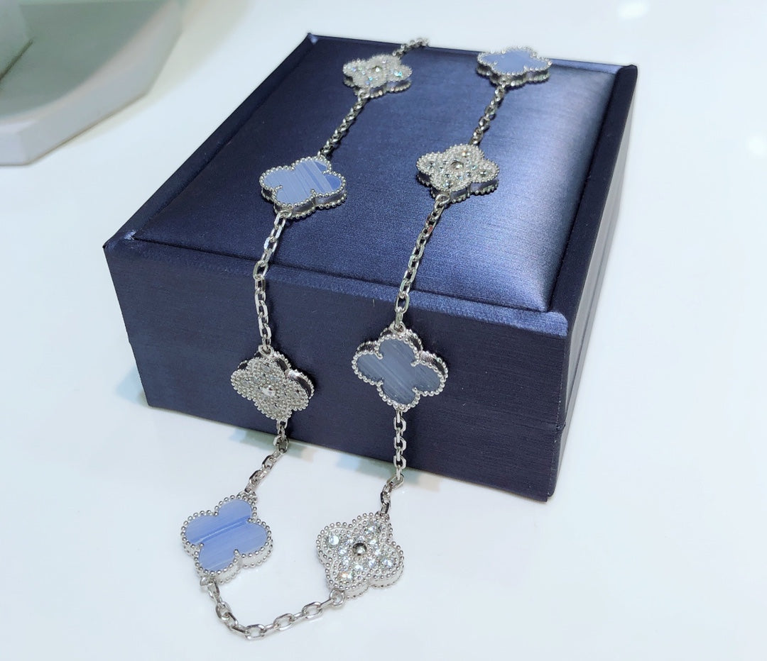 [Triumph Jewelry]CLOVER 10 MOTIFS CHALCEDONY DIAMONDS SILVER NECKLACE