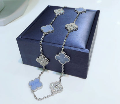 [Triumph Jewelry]CLOVER 10 MOTIFS CHALCEDONY DIAMONDS SILVER NECKLACE