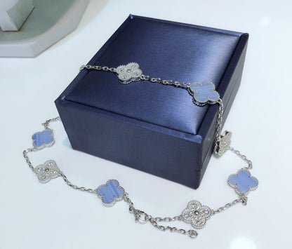 [Triumph Jewelry]CLOVER 10 MOTIFS CHALCEDONY DIAMONDS SILVER NECKLACE