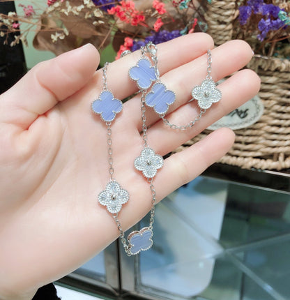 [Triumph Jewelry]CLOVER 10 MOTIFS CHALCEDONY DIAMONDS SILVER NECKLACE