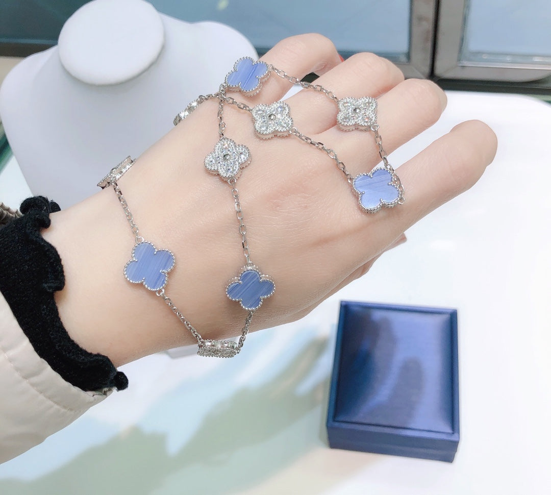 [Triumph Jewelry]CLOVER 10 MOTIFS CHALCEDONY DIAMONDS SILVER NECKLACE