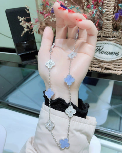 [Triumph Jewelry]CLOVER 10 MOTIFS CHALCEDONY DIAMONDS SILVER NECKLACE